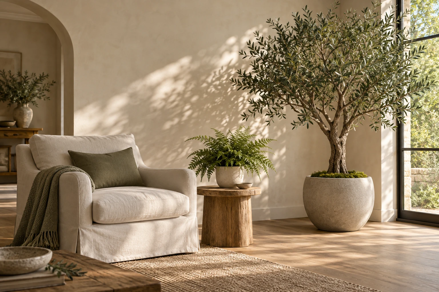 A quiet living room with olive foliage, a fern and warm oak textures