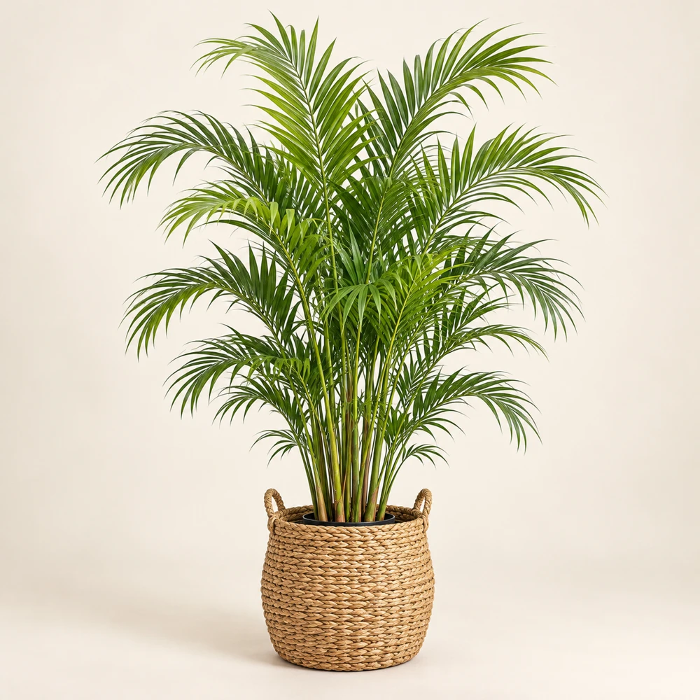 A cluster of feathery areca palm stems in a natural woven seagrass basket with inner pot.