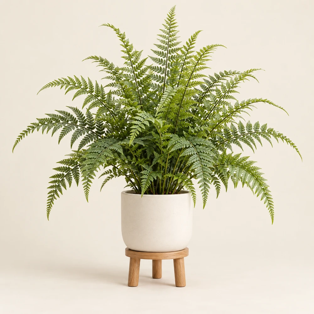 Green fern in a cream ceramic pot on a short natural wood pedestal, overall height 75 cm.