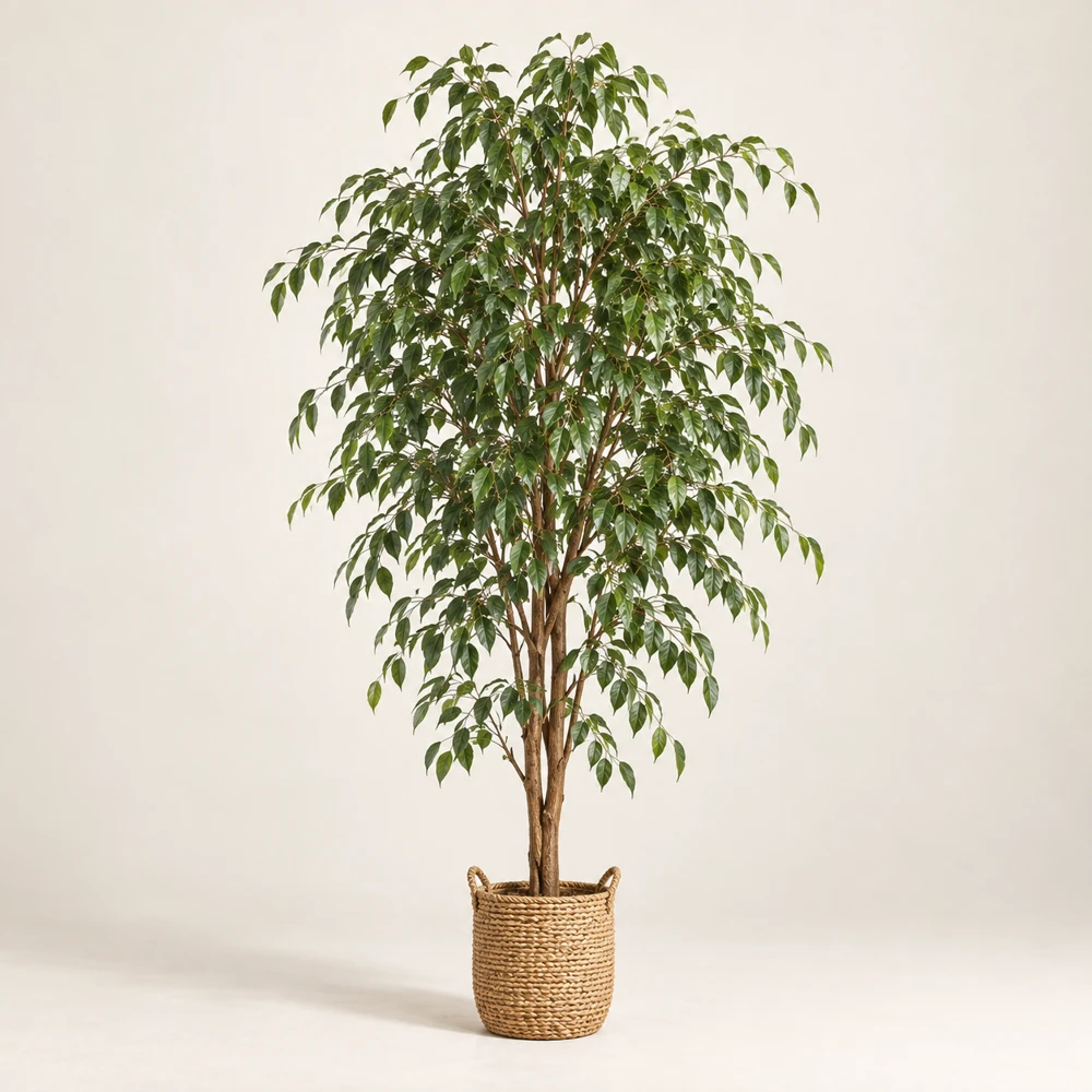 Tall weeping fig with many small pointed green leaves and branching brown trunk in natural seagrass basket.