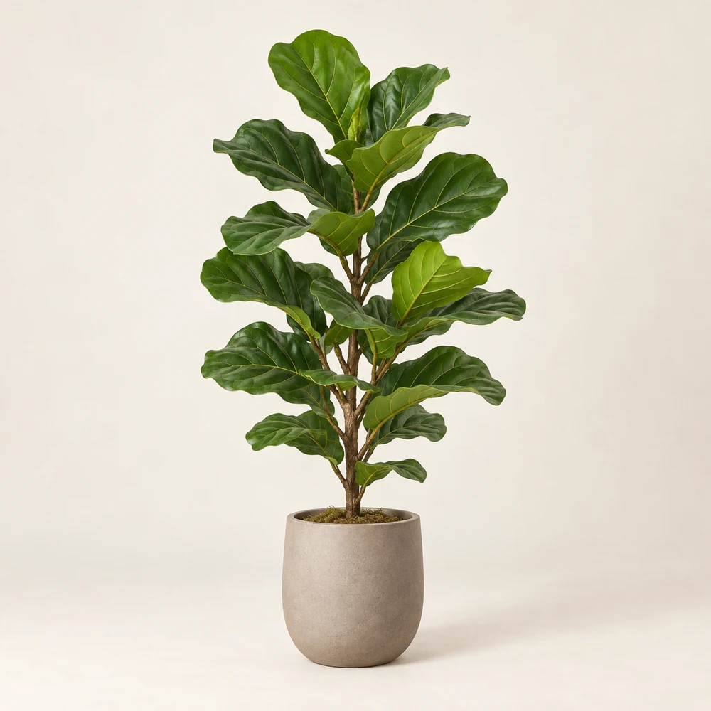 Compact fiddle-leaf fig with large violin-shaped green leaves and a warm-gray pot.