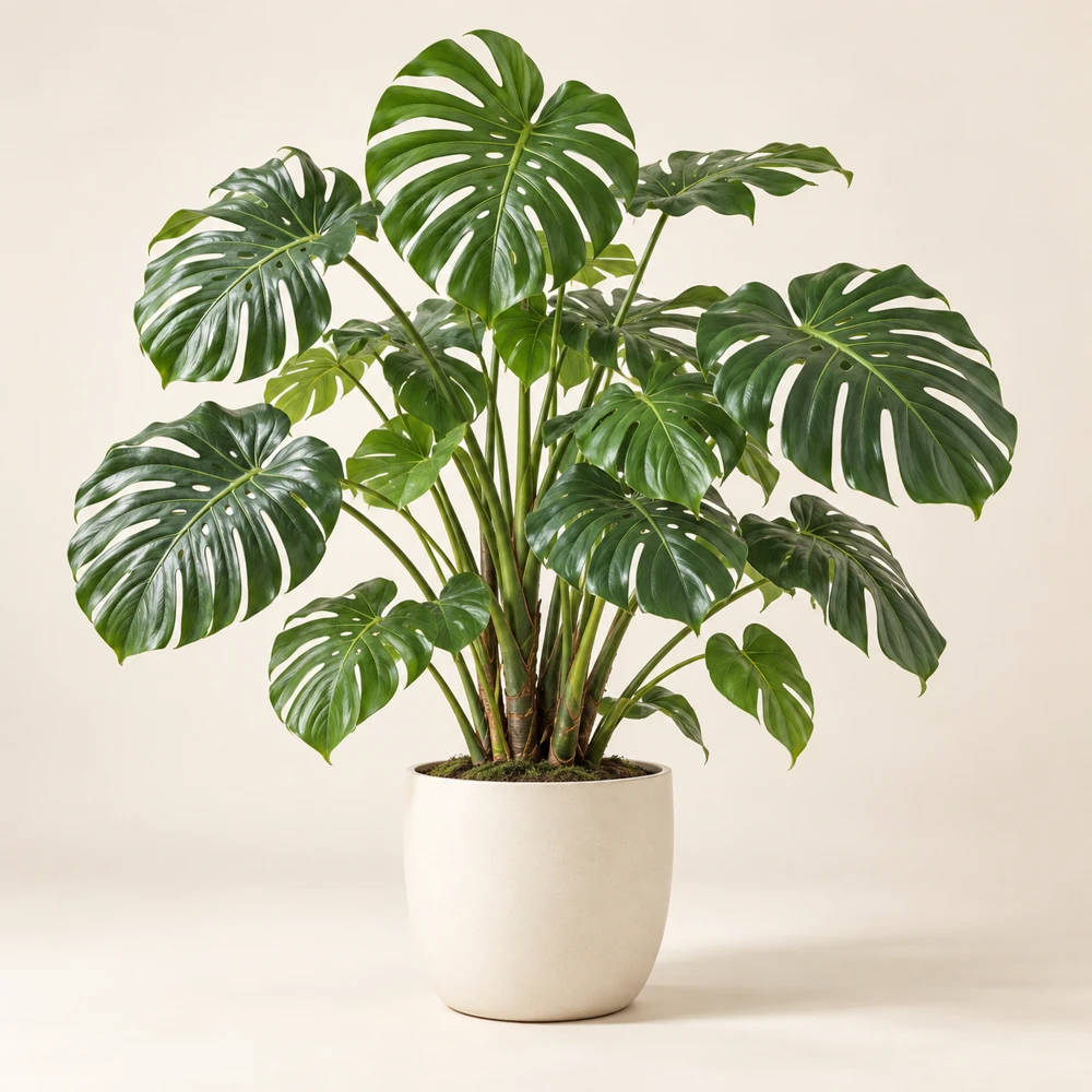 Wide spreading multi-stem monstera with large split green leaves in warm-white pot.