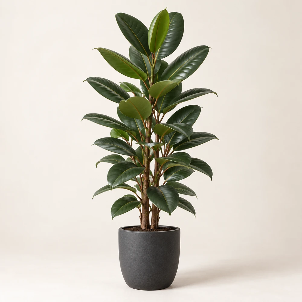 Upright rubber plant with broad thick oval dark-green leaves in a charcoal pot.