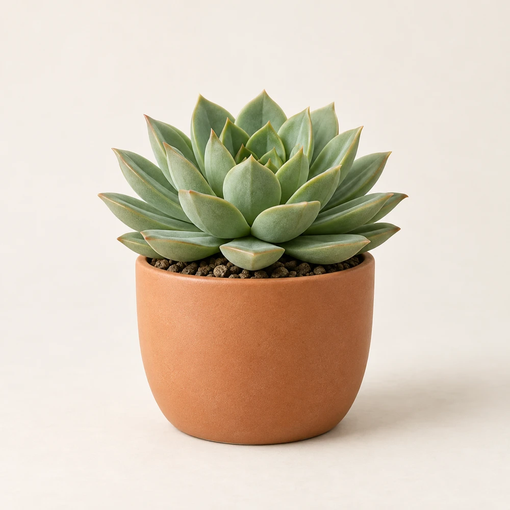 One sage-green succulent rosette in a small terracotta-colored ceramic pot.