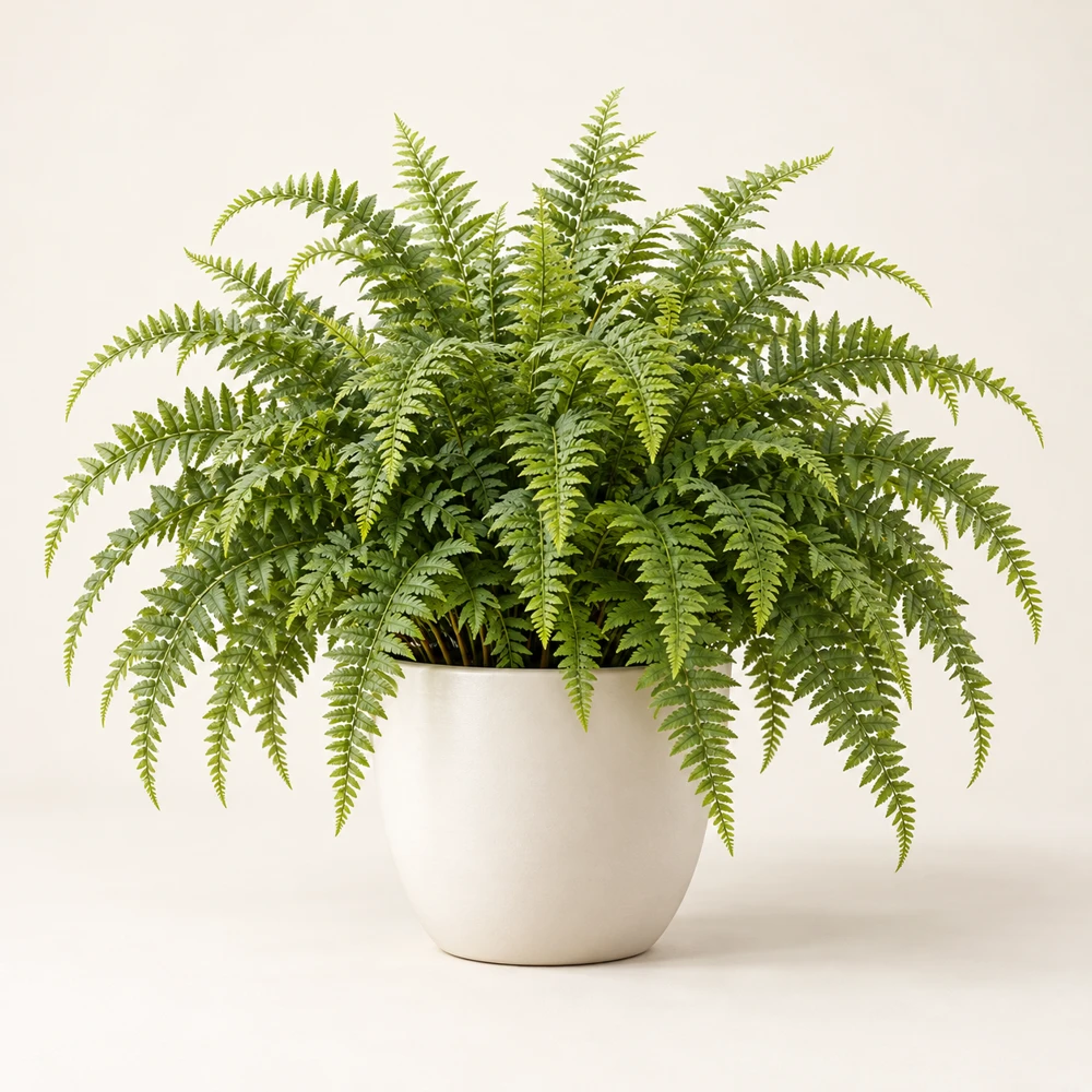 Dense arching fern fronds in an ivory ceramic pot.
